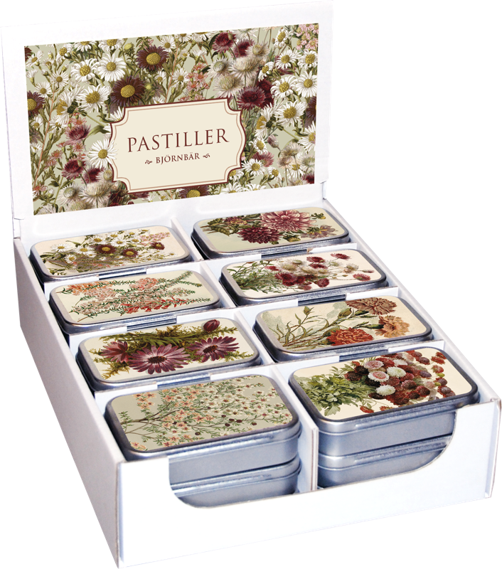 Pastiller i plåtaskar, 6x9,5 cm.